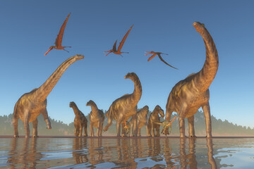 An Argentinosaurus and Deinocheirus herd gets upset when a flock of Anhanguera reptiles fly to close to them. © Designpics