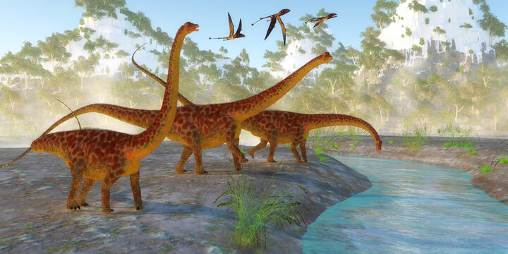 Diplodocus dinosaurs come down to a river for a morning drink as a flock of Dimorphodon reptiles fly nearby.