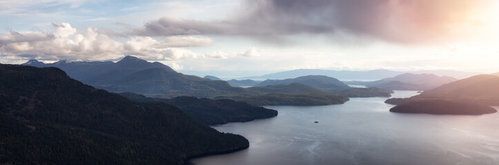 Aerial Panoramic View of Islands and Ocean Inlet near Sunshine Coast