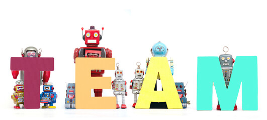 The word     TEAM  held by retro robots isolated on white