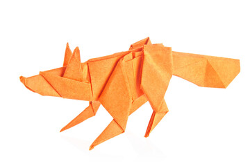 Orange fox of origami, isolated on white background.