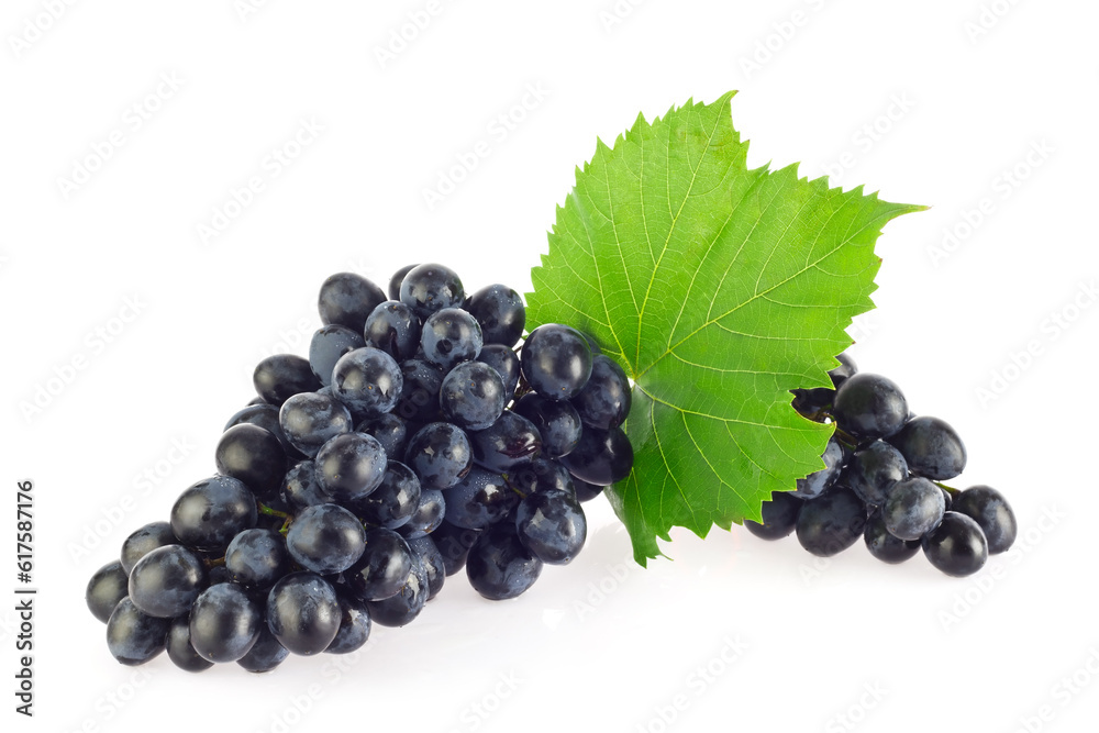 Wall mural Bunch of blue organic grapes with green leaf, isolated on white background.