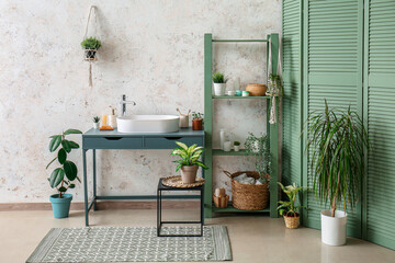 Interior of light bathroom with sink, shelving unit and houseplants