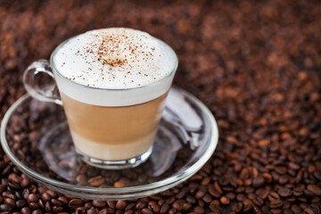Cup of fresh hot latte on coffee bean background