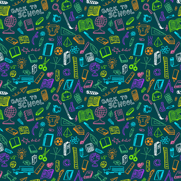 School supplies sketch seamless pattern in doodle style, vector illustration