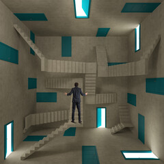 Concept of confusion and complexity with a businessman in a room full of doors and stairs