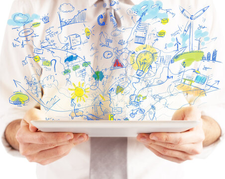 Tablet organizer with business graphics and sketches