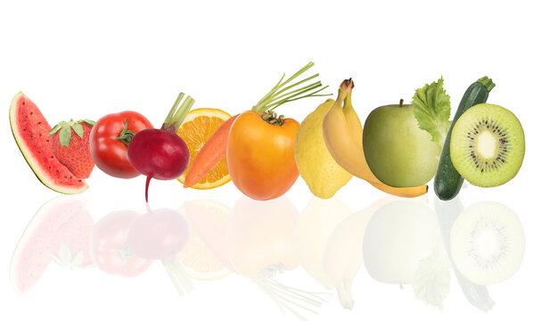 Colourful banner of fruits and salad on white background.  Healthy food concept