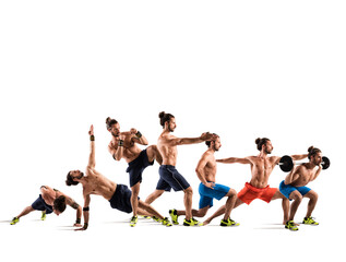 Naklejka premium Man in a stretching pilates and fitness workout positions