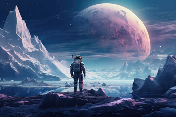 Fototapeta na wymiar Scene of an astronaut standing on an unknown icy planet with a breathtaking landscape. The astronaut is wearing a futuristic space suit with a helmet, generative AI