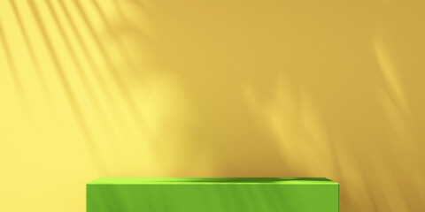 Product podium mockup display on green and yellow background with tree shadow,summer background,3D render illustration