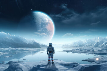 Scene of an astronaut standing on an unknown icy planet with a breathtaking landscape. The astronaut is wearing a futuristic space suit with a helmet, generative AI