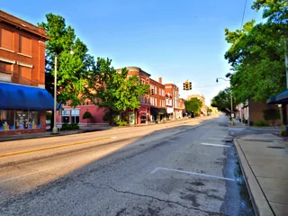 Gordijnen Route 66 historic downtown Sapulpa, Oklahoma. Early morning summer. Small town USA © Richard