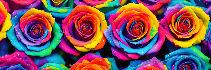 Fototapeta na wymiar Multicolored roses, floral panel, bright banner, background, ai generated
