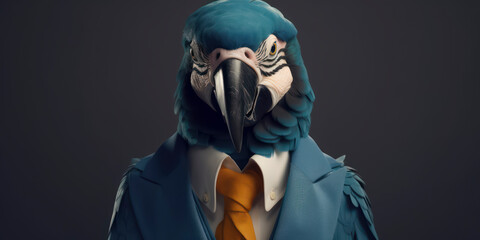 A portrait of a Blue Macaw wearing a business suit. AI Generated