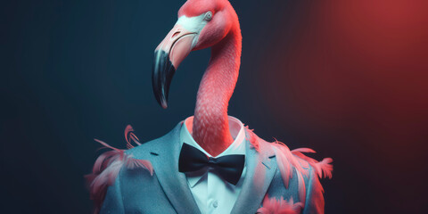 Naklejka premium A portrait of a Flamingo wearing a business suit. AI Generated