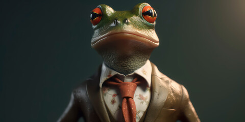 A portrait of a Frog wearing a business suit. AI Generated