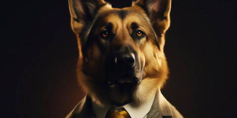 Obraz premium A portrait of a German Shepherd Dog wearing a business suit. AI Generated