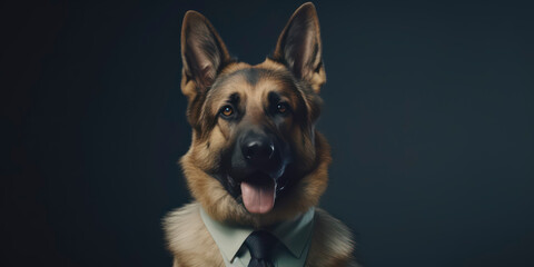 A portrait of a German Shepherd Dog wearing a business suit. AI Generated