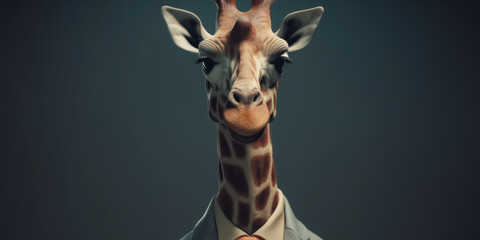 Obraz premium A portrait of a Giraffe wearing a business suit. AI Generated