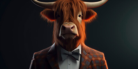 A portrait of a Highland cow wearing a business suit. AI Generated