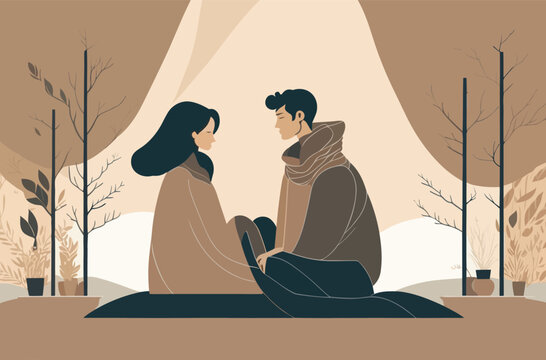 minimalist illustration of a couple embracing in a warm and cozy setting. Depict the couple sitting together, wrapped in a soft blanket, comfort and intimacy. anniversary cards, relationship themed
