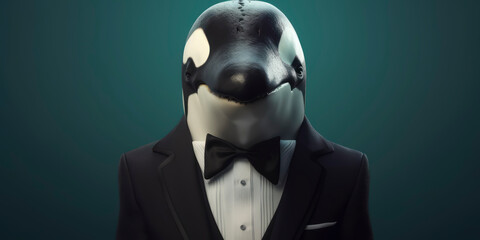 A portrait of a Killer Whale wearing a business suit. AI Generated
