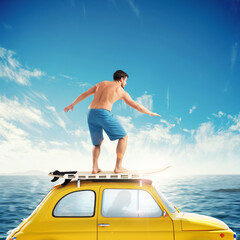 Old yellow car with a surfing boy over the roof. 3D rendering