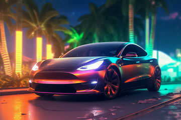 Fototapeta na wymiar Captivating electric car radiating a mesmerizing display of shimmering lights, epitomizing futuristic elegance and eco-conscious luxury. generative Al.