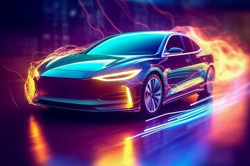 Plakat Captivating electric car radiating a mesmerizing display of shimmering lights, epitomizing futuristic elegance and eco-conscious luxury. generative Al.