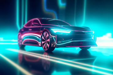 Captivating electric car radiating a mesmerizing display of shimmering lights, epitomizing futuristic elegance and eco-conscious luxury. generative Al.