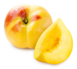Shiny Yellow Peach fruit with leaf  on white background, Fresh Peach on White Background.