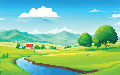 Obraz premium countryside landscape with rolling hills, a winding river, and a small farmhouse in the distance. few trees and fluffy clouds in the sky