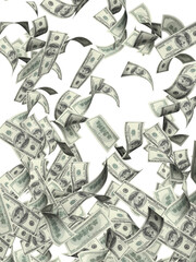 Flying banknotes of hundred dollars. Isolated on white background. 3d render