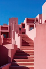 A vibrant pink house stands proudly in the outdoor sky, its architectural brick stairs leading to unknown possibilities