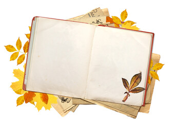 Old book with blank pages and multi-colored autumn leaves. Objects isolated on white background. Copy space for your text