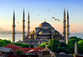 Fototapeta na wymiar View on Blue Mosque and Sea of Marmara in Istanbul at sunrise, Turkey