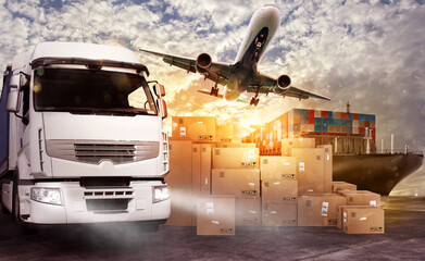 Truck, aircraft and cargo ship in a deposit with packages ready to start to deliver