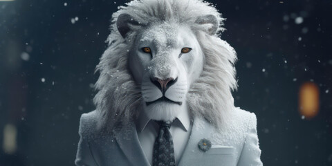 A portrait of a Snow Lion wearing a business suit. AI Generated
