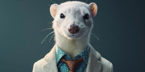 A portrait of a Snow Weasel wearing a business suit. AI Generated