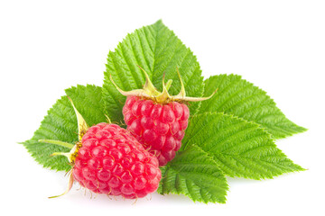 Ripe organic raspberry with green leaf isolated on white background