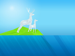 illustration 3D rendering polygonal wild deer, on blue background