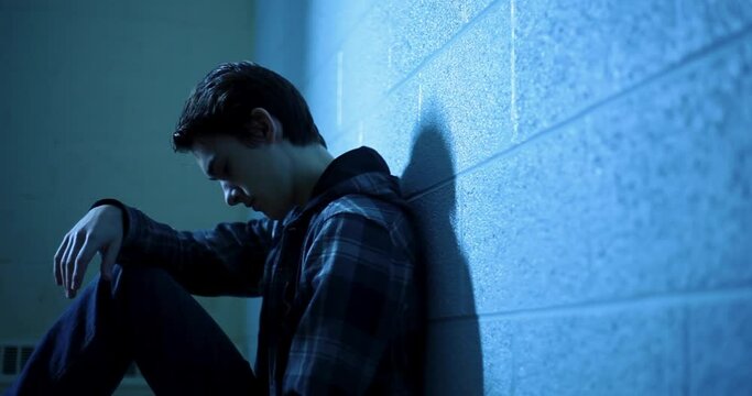 A dolly shot of a  young white male looking sad and lonely in a dark room.