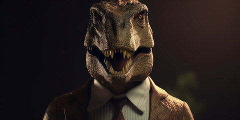 A portrait of a T-Rex wearing a business suit. AI Generated