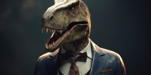 A portrait of a T-Rex wearing a business suit. AI Generated