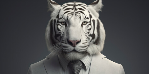 A portrait of a White Bengal tiger wearing a business suit. AI Generated