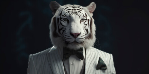 A portrait of a White Bengal tiger wearing a business suit. AI Generated