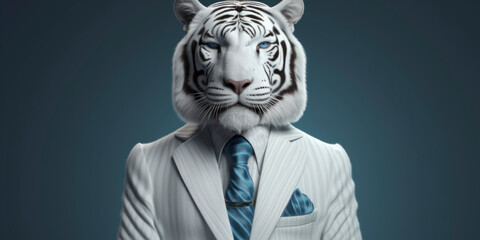 A portrait of a White Bengal tiger wearing a business suit. AI Generated