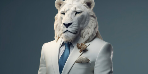 A portrait of a White Lion wearing a business suit. AI Generated