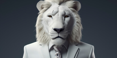 Obraz premium A portrait of a White Lion wearing a business suit. AI Generated